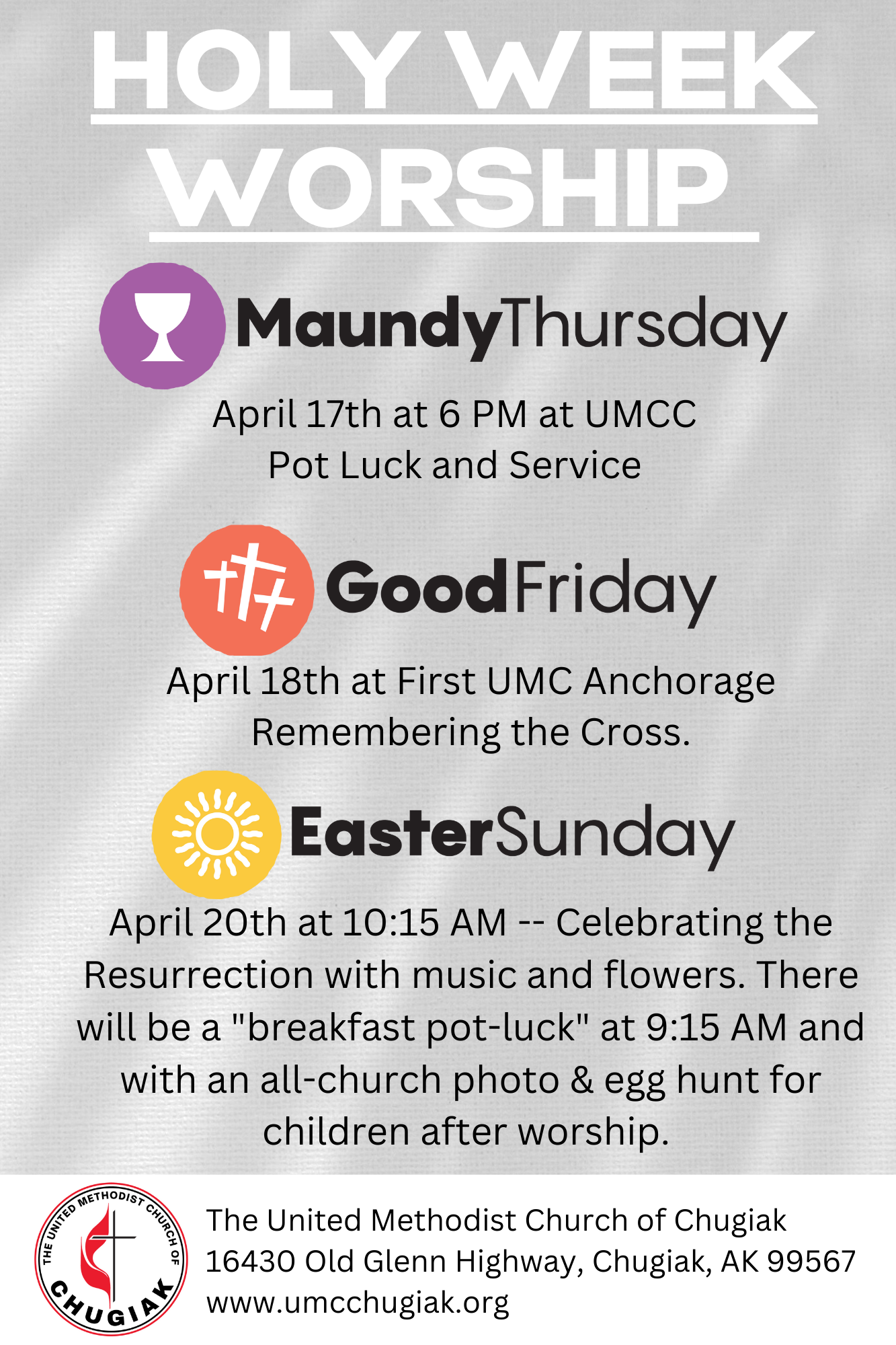 Holy Week Schedule – The United Methodist Church of Chugiak